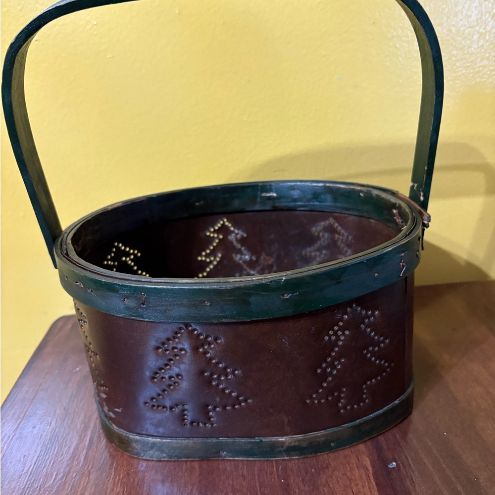 Brown and Green Metal Basket with Tree Design